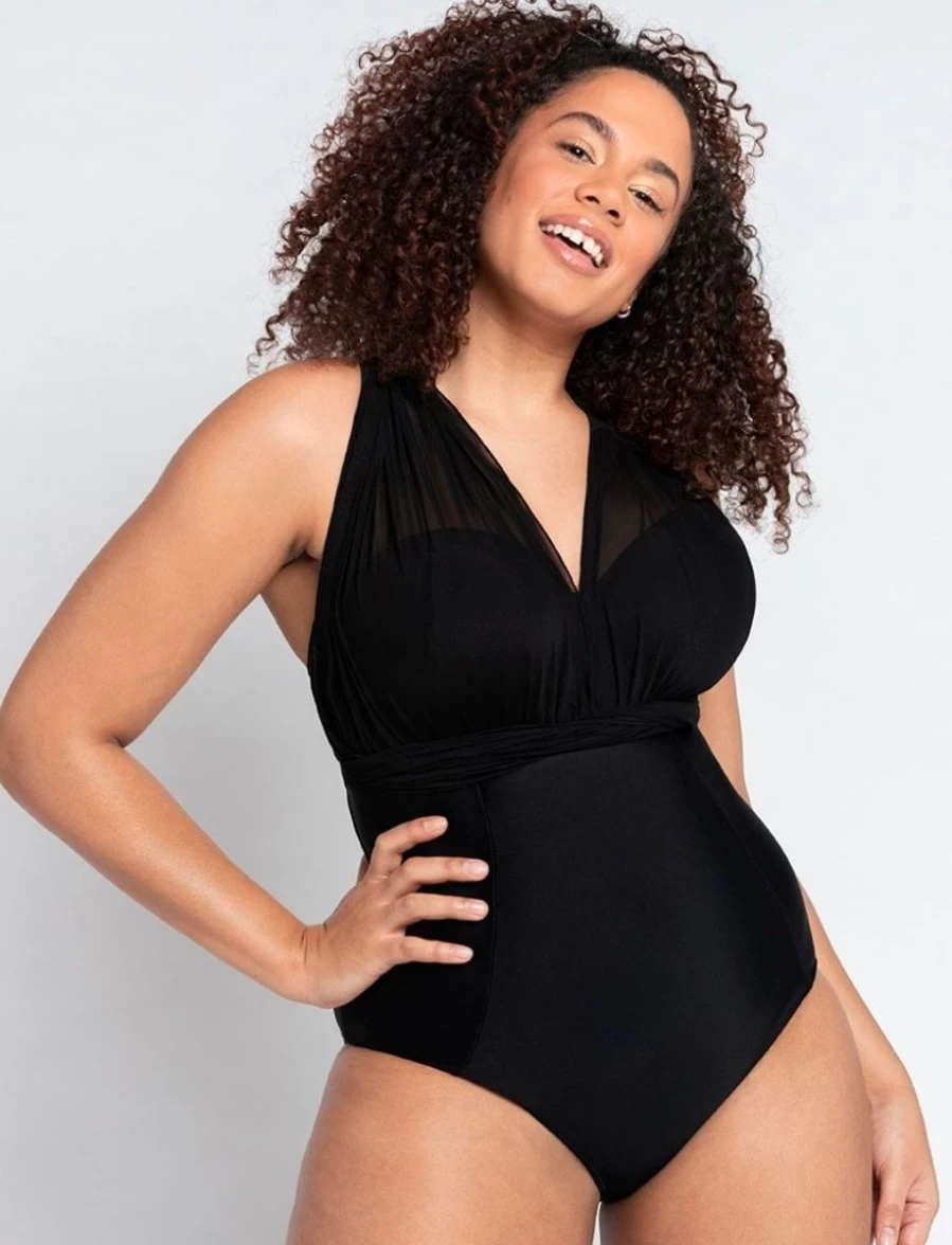 Curvy Kate Wrapsody Bandeau Black Swimsuit for Women - Supportive One-Piece Bathing Suit