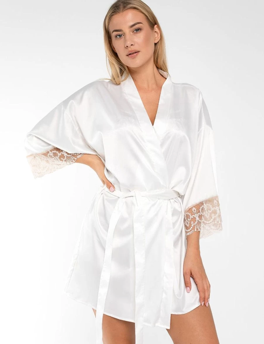 Samanta Perla Ivory Kimono Robe - Elegant Lace Trim Women's Cover-Up