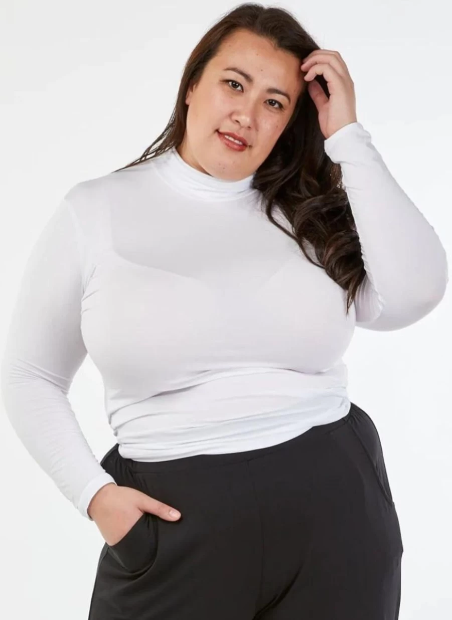 Tani Women's Classic White Turtle Neck Long Sleeve Top - Soft Stretch Slim Fit Basic Shirt